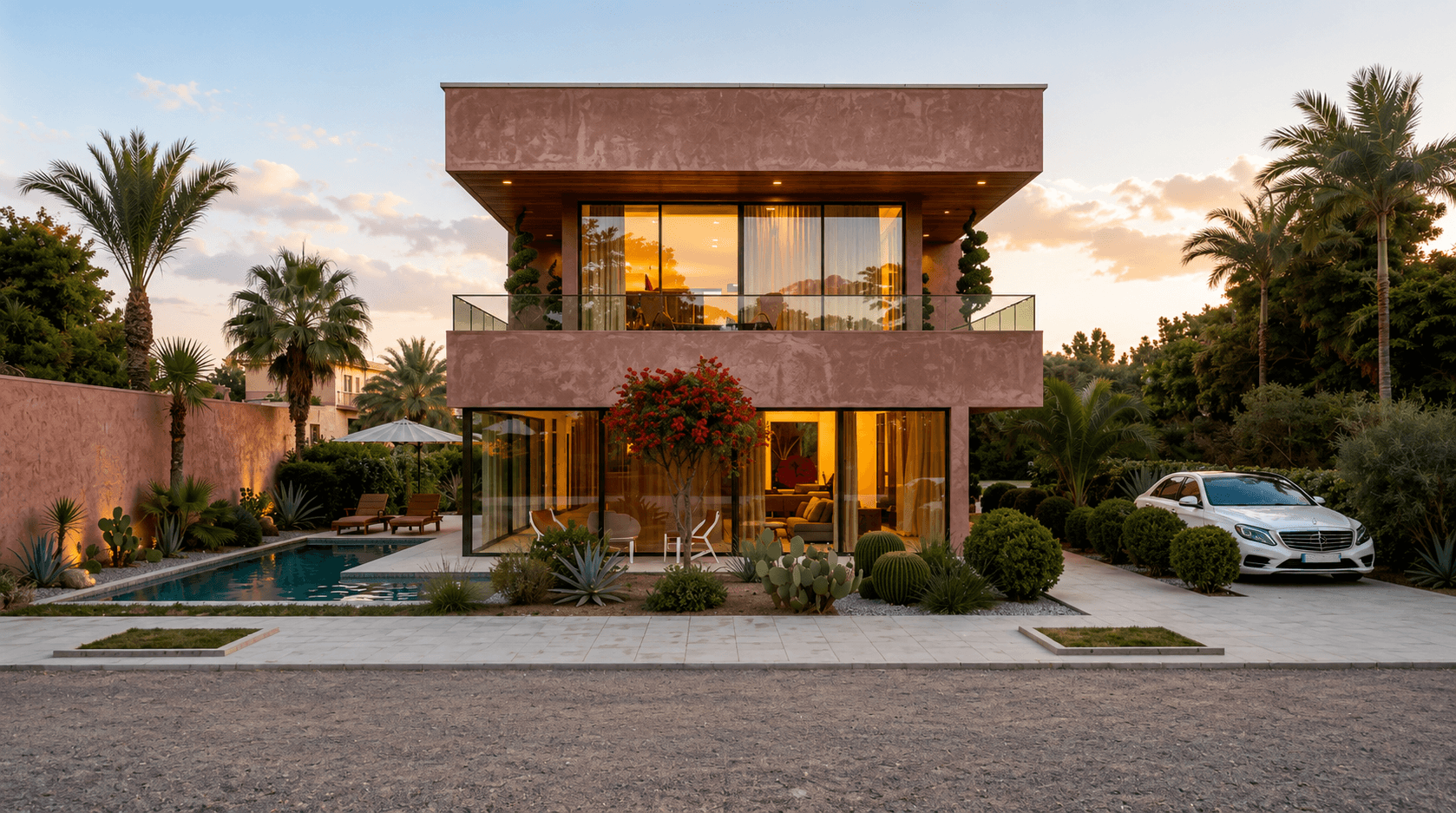 Villa contemporaine avec palmiers, piscine et lumière du soir